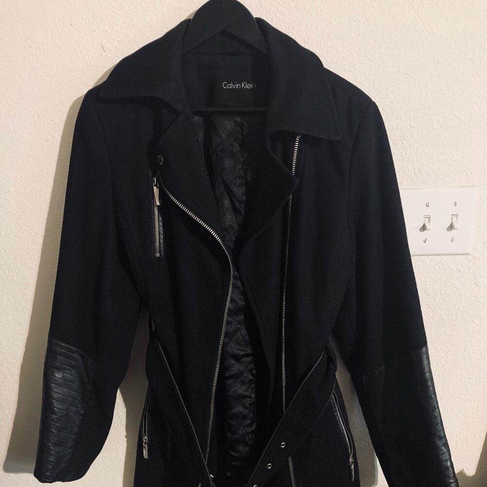 Calvin Klein Wool & Leather Trench Coat Jacket 14 Women
